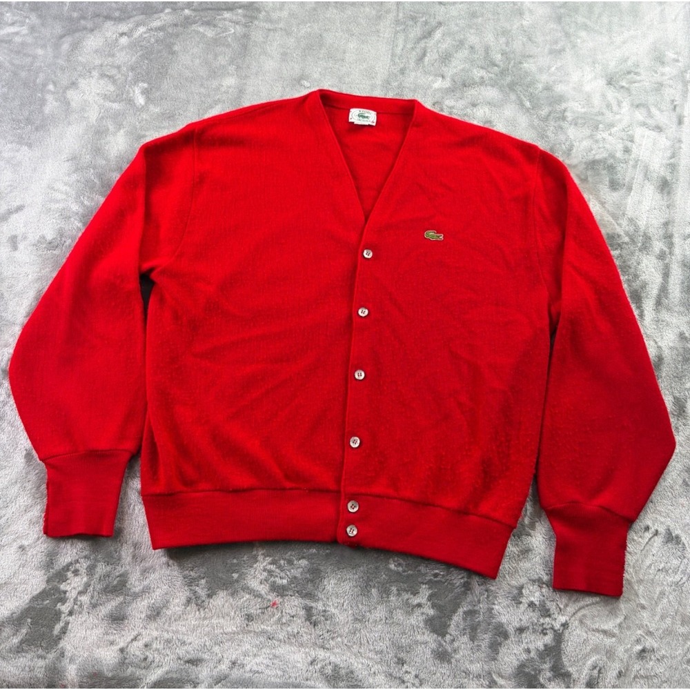 Izod Lacoste Sweater Haymaker Orlon Cardigan Mens XL Red V-Neck Embroidered